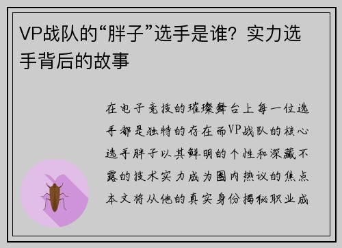 VP战队的“胖子”选手是谁？实力选手背后的故事